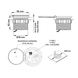 Belső asztali aljzat LUPO FRENCH 1x230V + USB A/C - Fekete