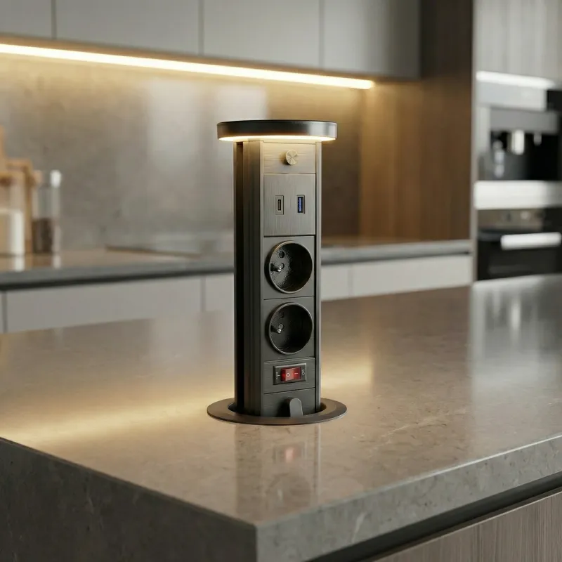 Kihúzható aljzat LEGIA FRENCH 2x230V + USB A-C + fény / Matt fekete