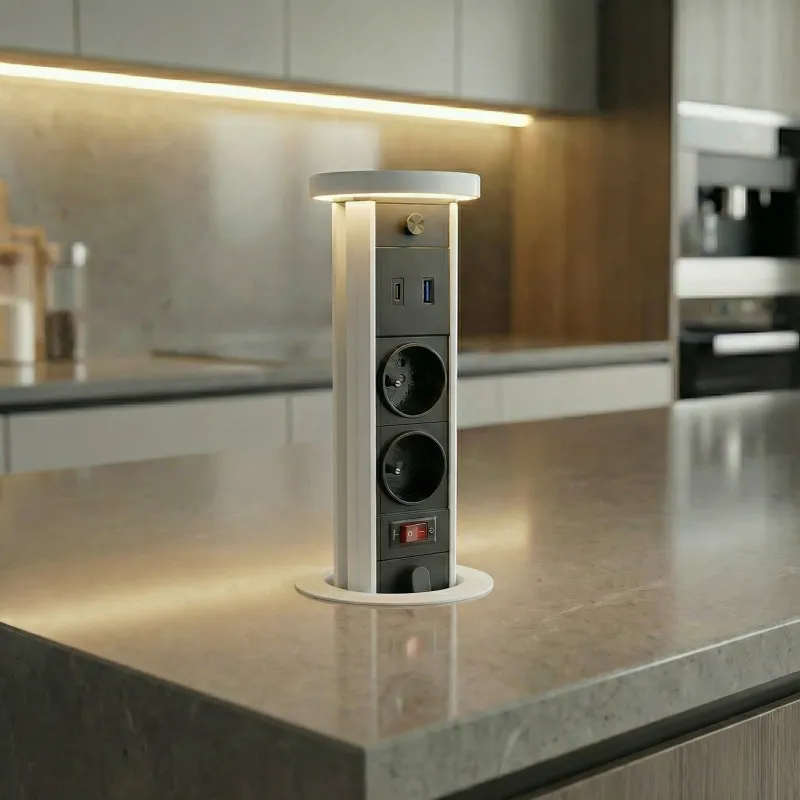 Kihúzható aljzat LEGIA FRENCH 2x230V + USB A-C + fény / Matt fehér