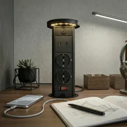 Kihúzható aljzat LEGIA SCHUKO 2x230V + USB A-C + fény / Matt fekete