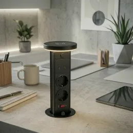 Kihúzható aljzat LEGIA SCHUKO 2x230V + USB A-C + fény / Matt fekete