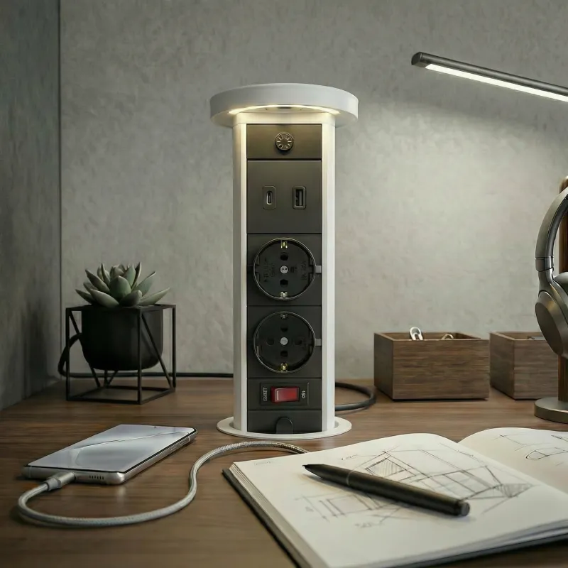 Kihúzható aljzat LEGIA SCHUKO 2x230V + USB A-C + fény / Matt fehér