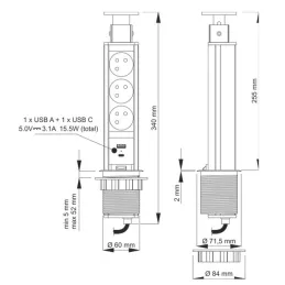 Kihúzható elektromos aljzat ASTRA FRENCH 3x230V + 2x USB töltés / Alumínium