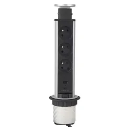 Kihúzható elektromos aljzat ASTRA FRENCH 3x230V + 2x USB töltés / Alumínium