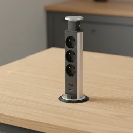 Kihúzható elektromos aljzat ASTRA FRENCH 3x230V + 2x USB töltés / Alumínium