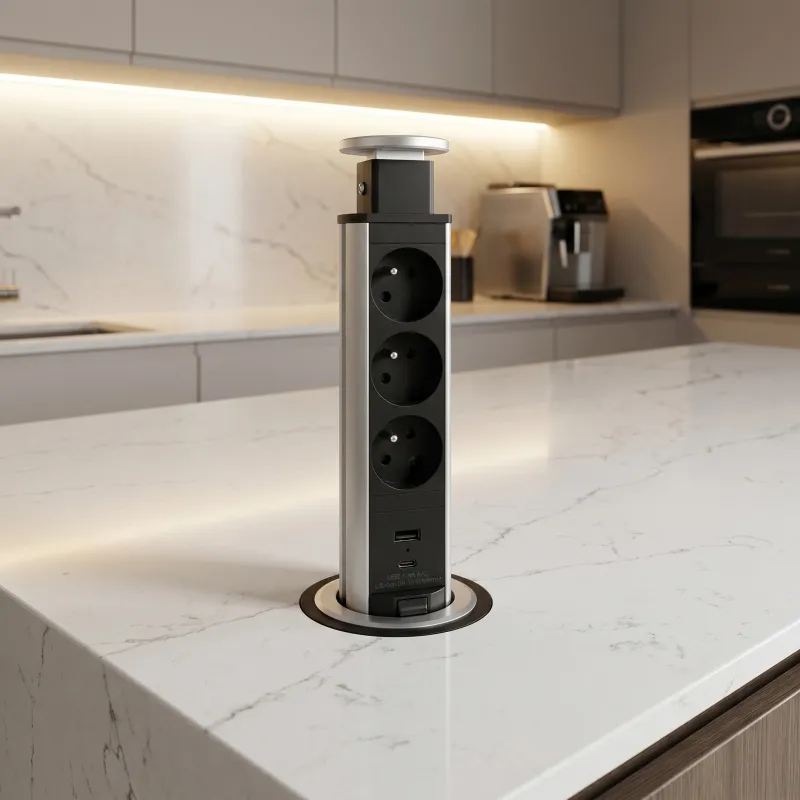 Kihúzható elektromos aljzat ASTRA FRENCH 3x230V + 2x USB töltés / Alumínium