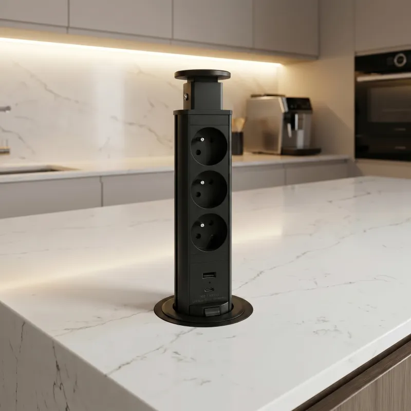 Kihúzható elektromos aljzat ASTRA FRENCH 3x230V + 2x USB töltés / Fekete