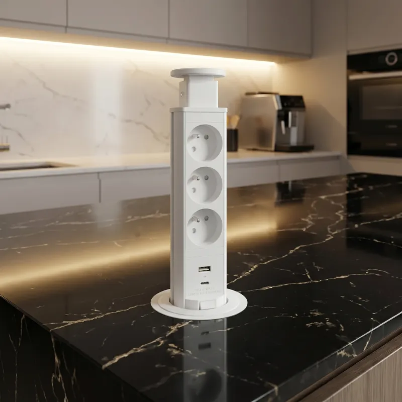 Kihúzható elektromos aljzat ASTRA FRENCH 3x230V + 2x USB töltés / Fehér