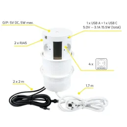 Kihúzható elektromos aljzat MULTIBOX 4x 230V + 2x USB + 2x RJ45 / Fehér