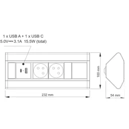 Belső sarok elosztó CORNER FRENCH 2x 230V +2x USB / Fekete - rozsdamentes acél