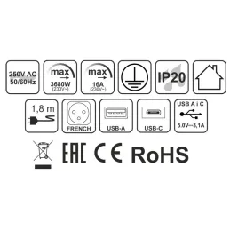 Belső sarok elosztó CORNER FRENCH 2x 230V +2x USB / Fekete - rozsdamentes acél