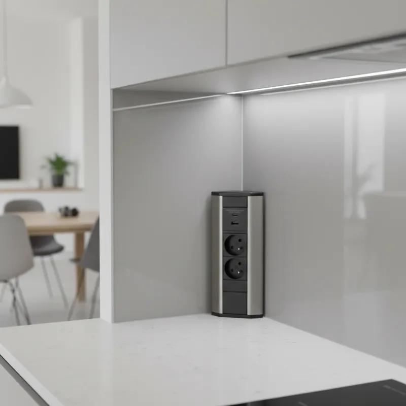 Belső sarok elosztó CORNER FRENCH 2x 230V +2x USB / Fekete - rozsdamentes acél