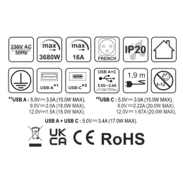 SLIDE elektromos aljzat 1x230V + 2xUSB FRANCIA / Rozsdamentes acél