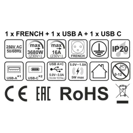 Belső asztali aljzat LUPO FRENCH 1x230V + USB A/C - Fekete