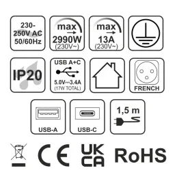 Elektromos aljzatsor EUROBOX 2x230V + 1xUSB C+A FRANCIA / Fekete matt