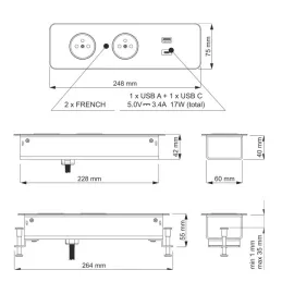 Elektromos aljzatsor EUROBOX 2x230V + 1xUSB C+A FRANCIA / Fekete matt