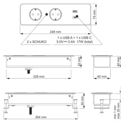 Elektromos aljzatsor EUROBOX 2x230V + 1xUSB C+A SCHUKO / Fekete matt