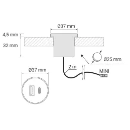 Beltéri 2 x USB A-C asztali töltő 25mm PLUGY / Matt fekete