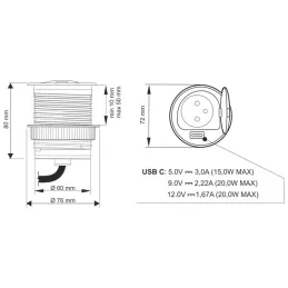 Belső aljzat ALPHA BOX SCHUKO 1x230V + USB C / Fekete matt