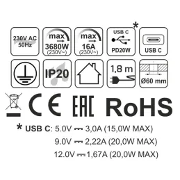 Belső aljzat ALPHA BOX SCHUKO 1x230V + USB C / Fekete matt