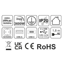 Beltéri konnektoros elosztó SLIM BOX SCHUKO 3x 230V + USB / Fekete matt