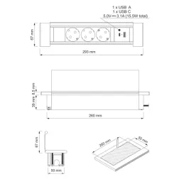 Beltéri konnektoros elosztó SLIM BOX SCHUKO 3x 230V + USB / Rozsdamentes acél