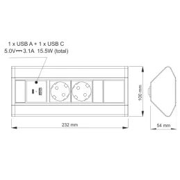 Beltéri aljzatsín CORNER SCHUKO 2x 230V + USB A-C / Fekete matt