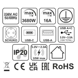 Automatikus kihúzható elektromos aljzat ASTRA SCHUKO 3x230V + 2xUSB A-C / Fekete