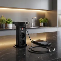 Automatikus kihúzható elektromos aljzat ASTRA SCHUKO 3x230V + 2xUSB A-C / Fekete
