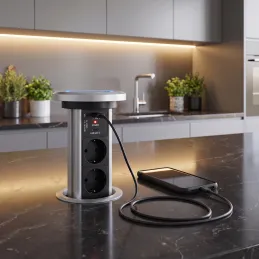 Automatikus kihúzható elektromos aljzat ASTRA SCHUKO 3x230V + 2xUSB A-C / Alumínium