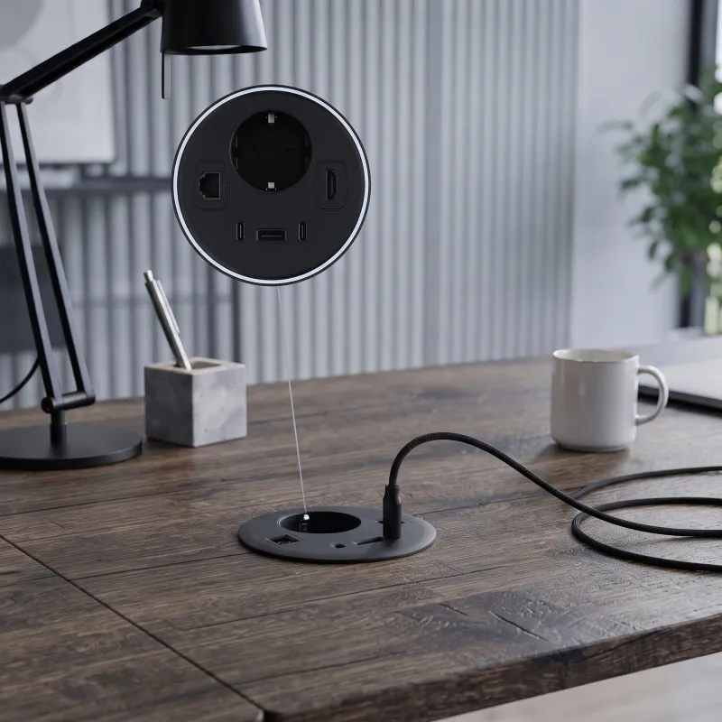 Irodai SMART 80 SCHUKO asztali beépíthető aljzat 1x230V + USB A-C + HDMI + Rj45 / Fekete
