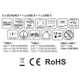 Automatikus kihúzható AMBIENTE SCHUKO aljzat 3x230V + USB A-C világítással és töltéssel / Fekete üveg