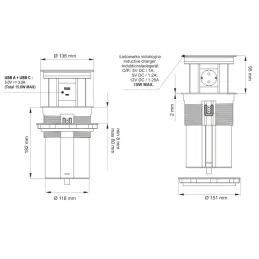 Automatikus kihúzható AMBIENTE SCHUKO aljzat 3x230V + USB A-C világítással és töltéssel / Fekete üveg