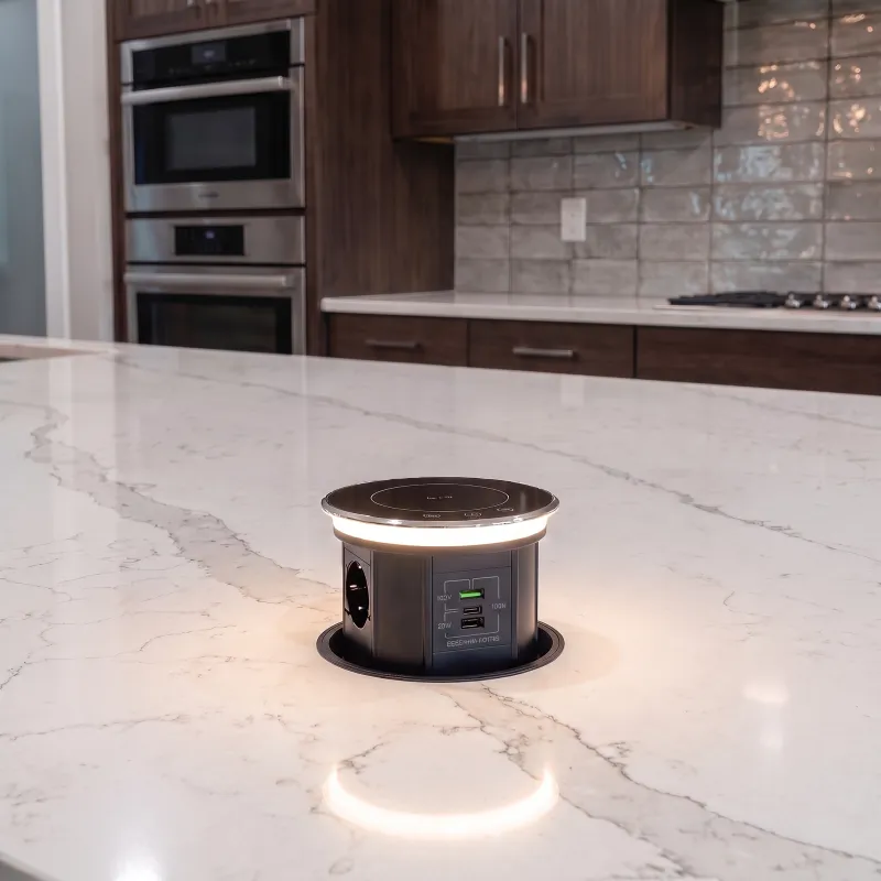 Automatikus kihúzható AMBIENTE SCHUKO aljzat 3x230V + USB A-C világítással és töltéssel / Fekete üveg
