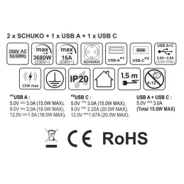 Kihúzható AVION SCHUKO 2x230V + USB A-C és indukciós töltéssel / Matt fekete