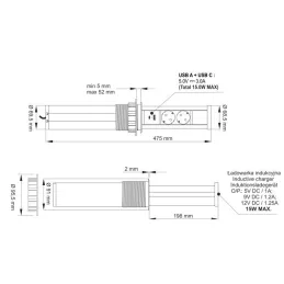 Kihúzható AVION SCHUKO 2x230V + USB A-C és indukciós töltéssel / Matt fekete