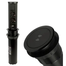 Kihúzható AVION SCHUKO 2x230V + USB A-C és indukciós töltéssel / Matt fekete