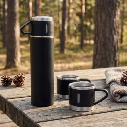Dizájnos termosz 3 pohárral 400 ml / Fekete matt