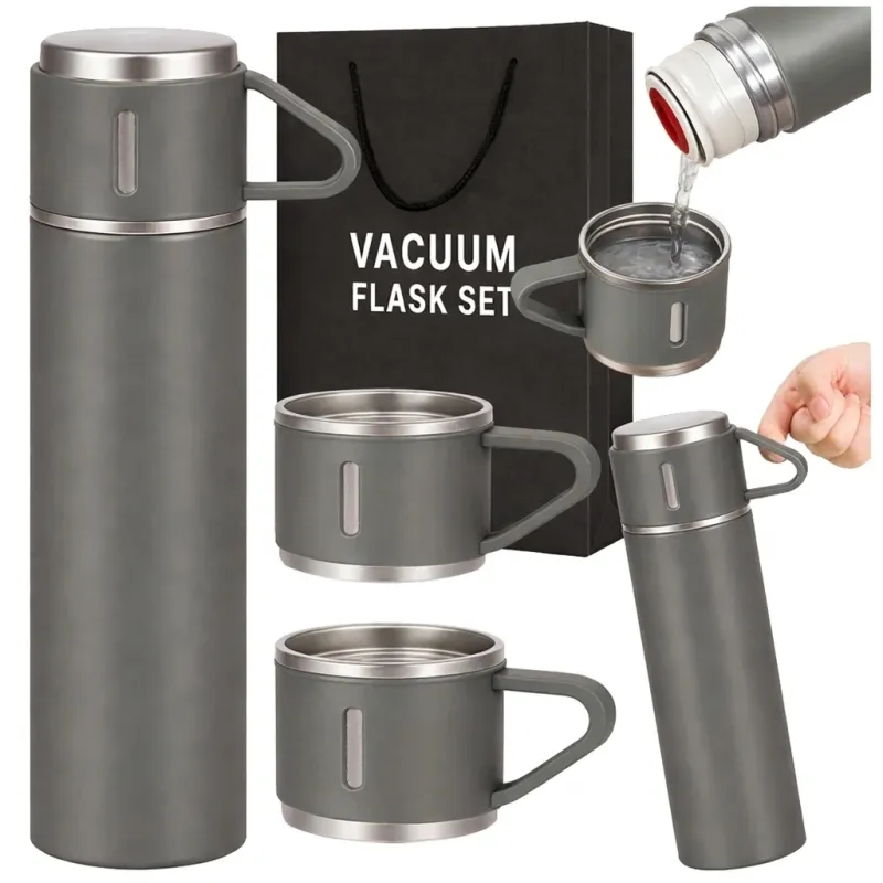 Dizájnos termosz 3 pohárral 400 ml / Szürke