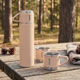 Dizájnos termosz 3 pohárral 400 ml / Rózsaszín