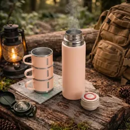 Dizájnos termosz 3 pohárral 400 ml / Rózsaszín