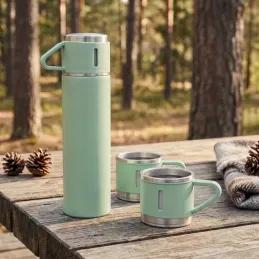Dizájnos termosz 3 pohárral 400 ml / Zöld